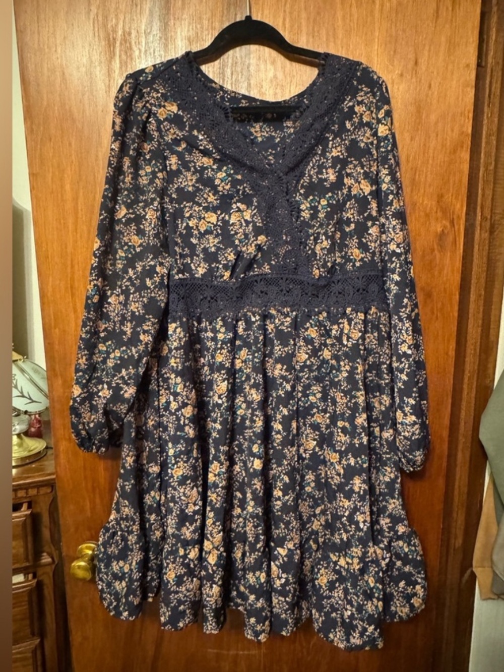 Women’s Plus Size Navy Floral Dress with Crochet Accents and Snap - Size 3X